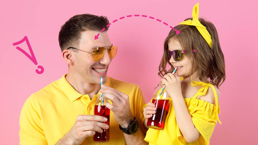 we zien een vader die een dochter het goede voorbeeld geeft door fris te drinken in plaats van alcohol. NIX18 dus